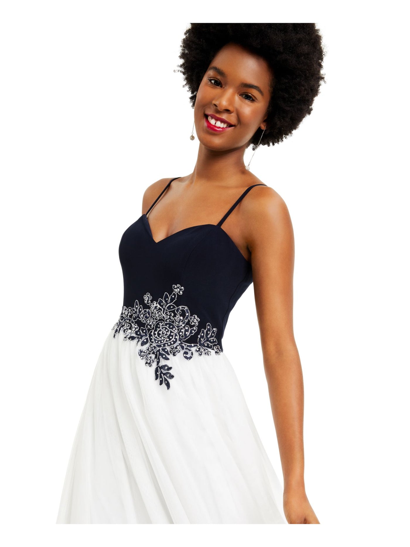 BLONDIE NITES Womens Navy Embellished Zippered Spaghetti Strap V Neck Full-Length Prom Fit + Flare Dress 3