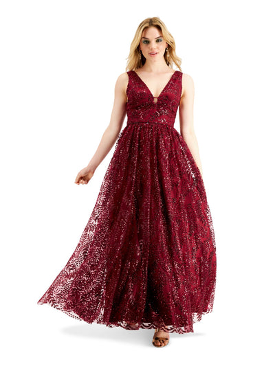 BLONDIE NITES Womens Red Sequined Sleeveless V Neck Full-Length Formal Fit + Flare Dress 3