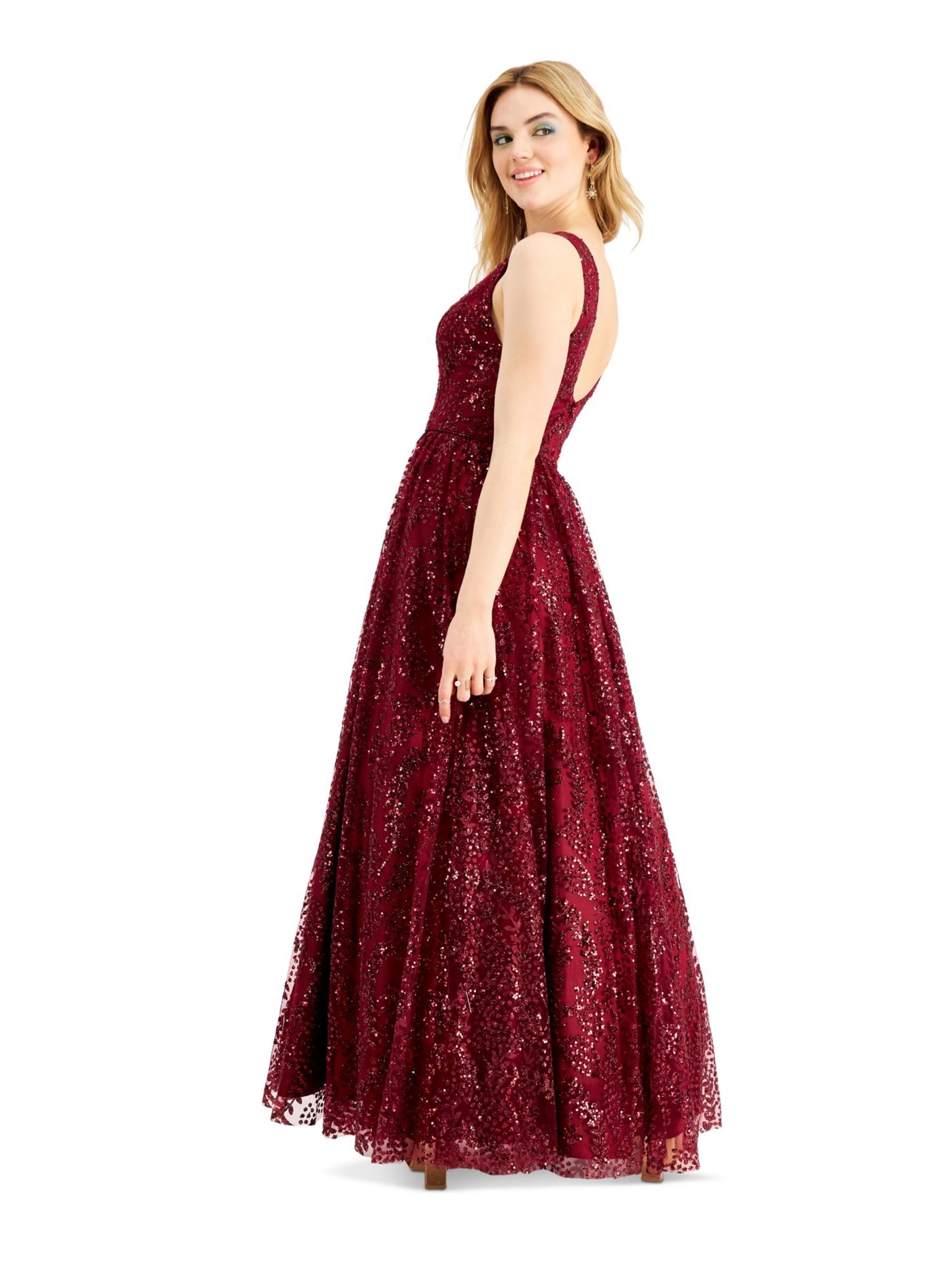 BLONDIE NITES Womens Maroon Sequined Sleeveless V Neck Full-Length Formal Fit + Flare Dress Juniors 7