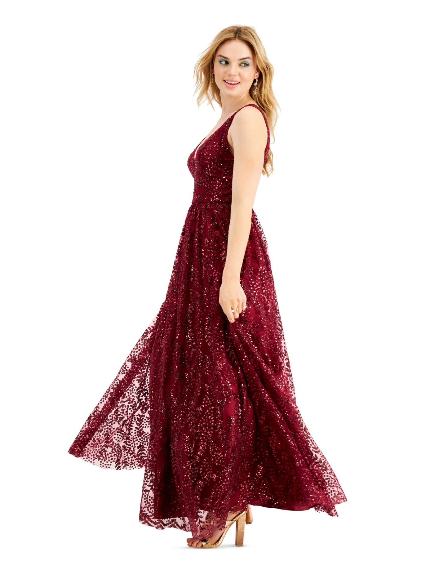 BLONDIE NITES Womens Burgundy Sequined Sleeveless V Neck Full-Length Formal Fit + Flare Dress 5