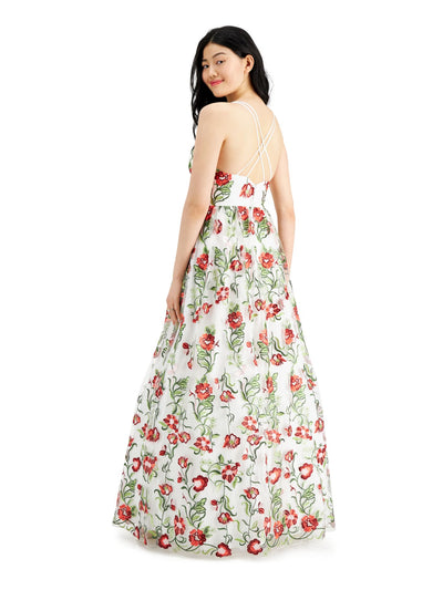 CITY STUDIO Womens White Embroidered Zippered Gown Floral Sleeveless V Neck Full-Length Dress 13