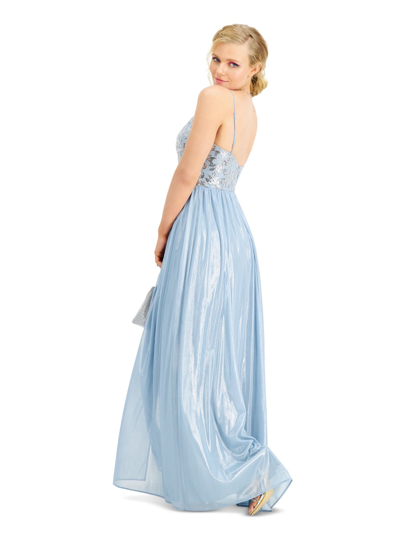 CITY STUDIO Womens Light Blue Embellished Shimmer Spaghetti Strap Full-Length Prom Fit + Flare Dress 1