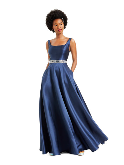 SAY YES TO THE PROM Womens Navy Embellished Pocketed Gown Sleeveless Square Neck Full-Length Prom Fit + Flare Dress 1\2