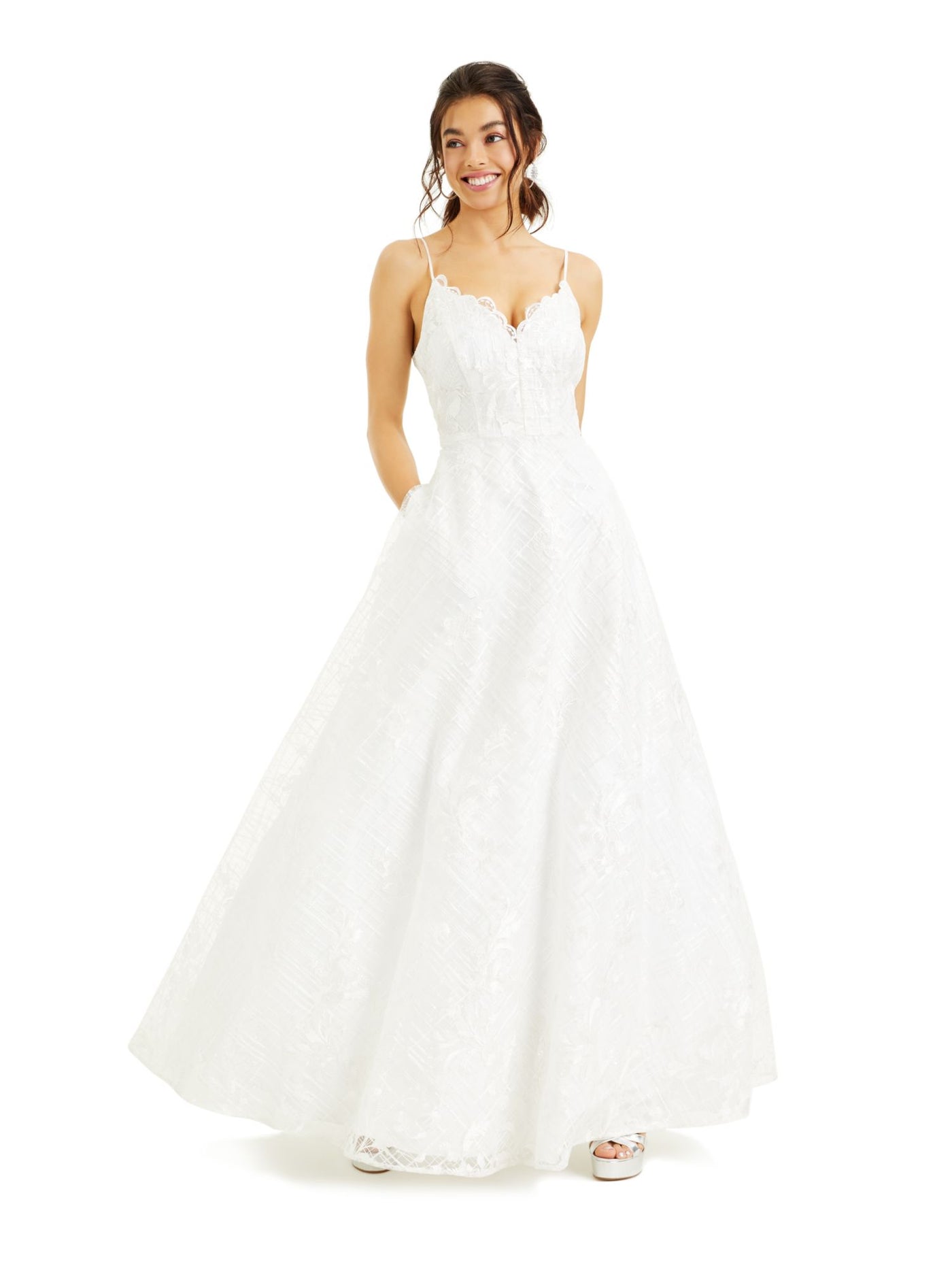 SAY YES TO THE PROM Womens White Embellished Spaghetti Strap Formal Fit + Flare Dress 15\16