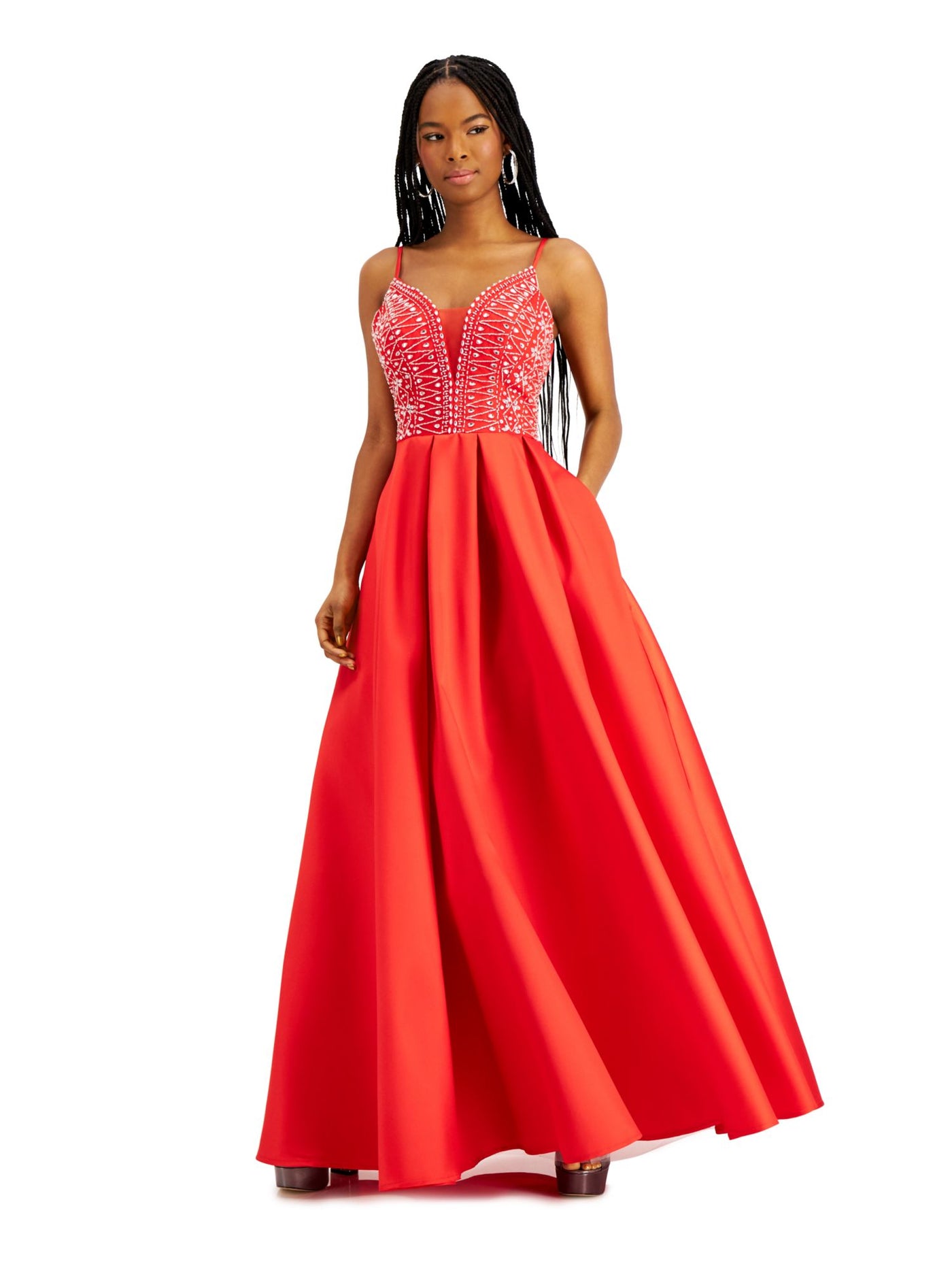 SAY YES TO THE PROM Womens Embellished Spaghetti Strap V Neck Full-Length Prom Fit + Flare Dress