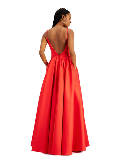 B DARLIN Womens Red Embellished Spaghetti Strap V Neck Full-Length Prom Fit + Flare Dress 5\6