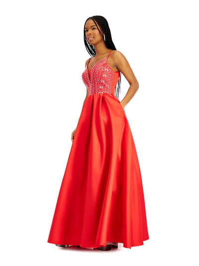 SAY YES TO THE PROM Womens Embellished Spaghetti Strap V Neck Full-Length Prom Fit + Flare Dress