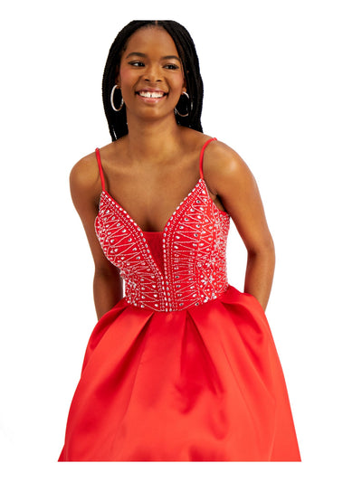 SAY YES TO THE PROM Womens Red Embellished Spaghetti Strap V Neck Full-Length Prom Fit + Flare Dress 1\2