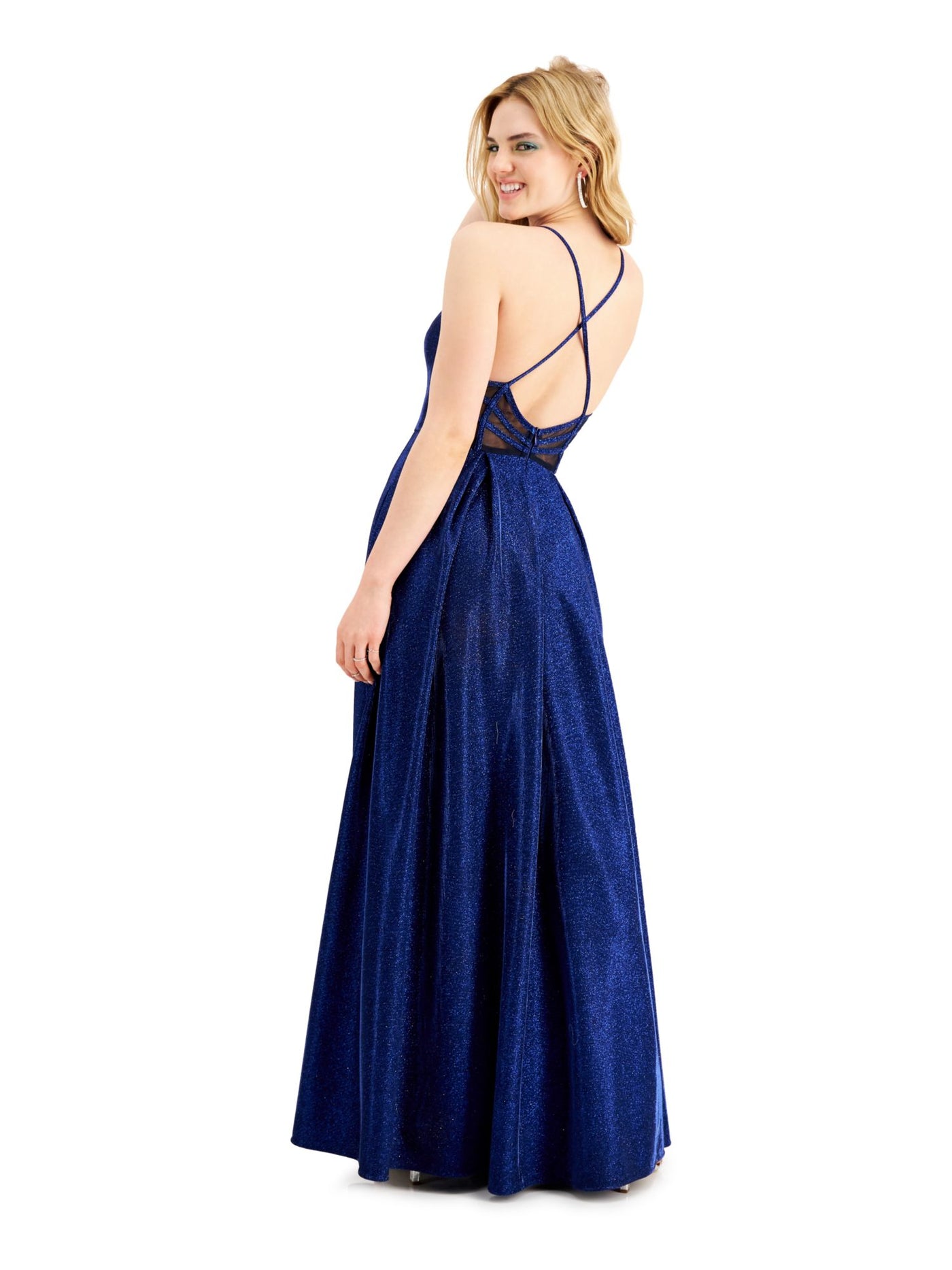 CITY STUDIO Womens Navy Glitter Spaghetti Strap V Neck Maxi Fit + Flare Prom Dress 3