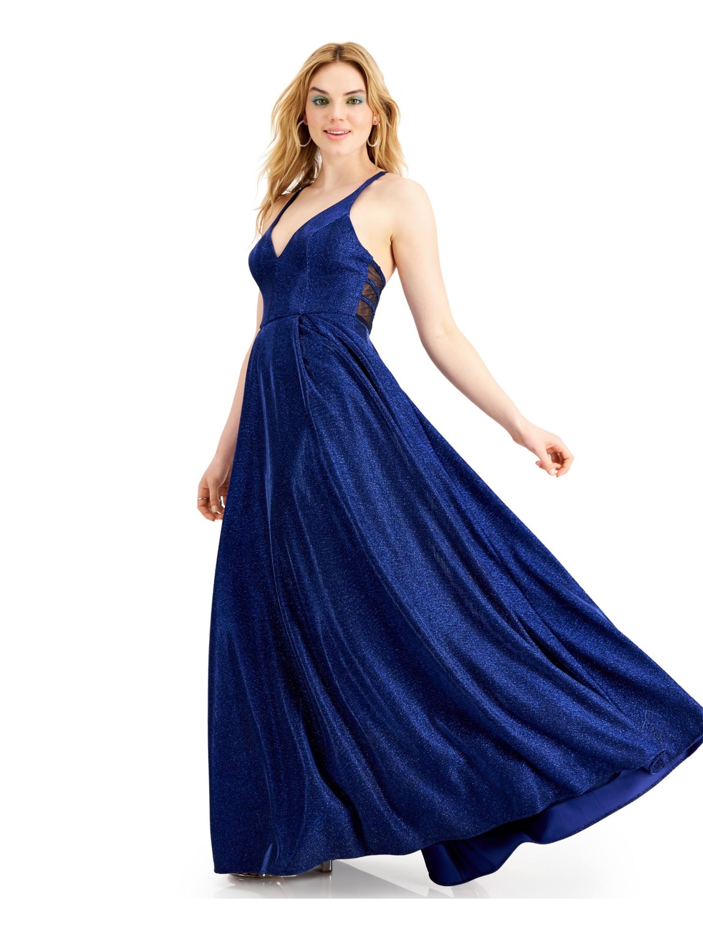 CITY STUDIO Womens Navy Glitter Spaghetti Strap V Neck Maxi Fit + Flare Prom Dress 5