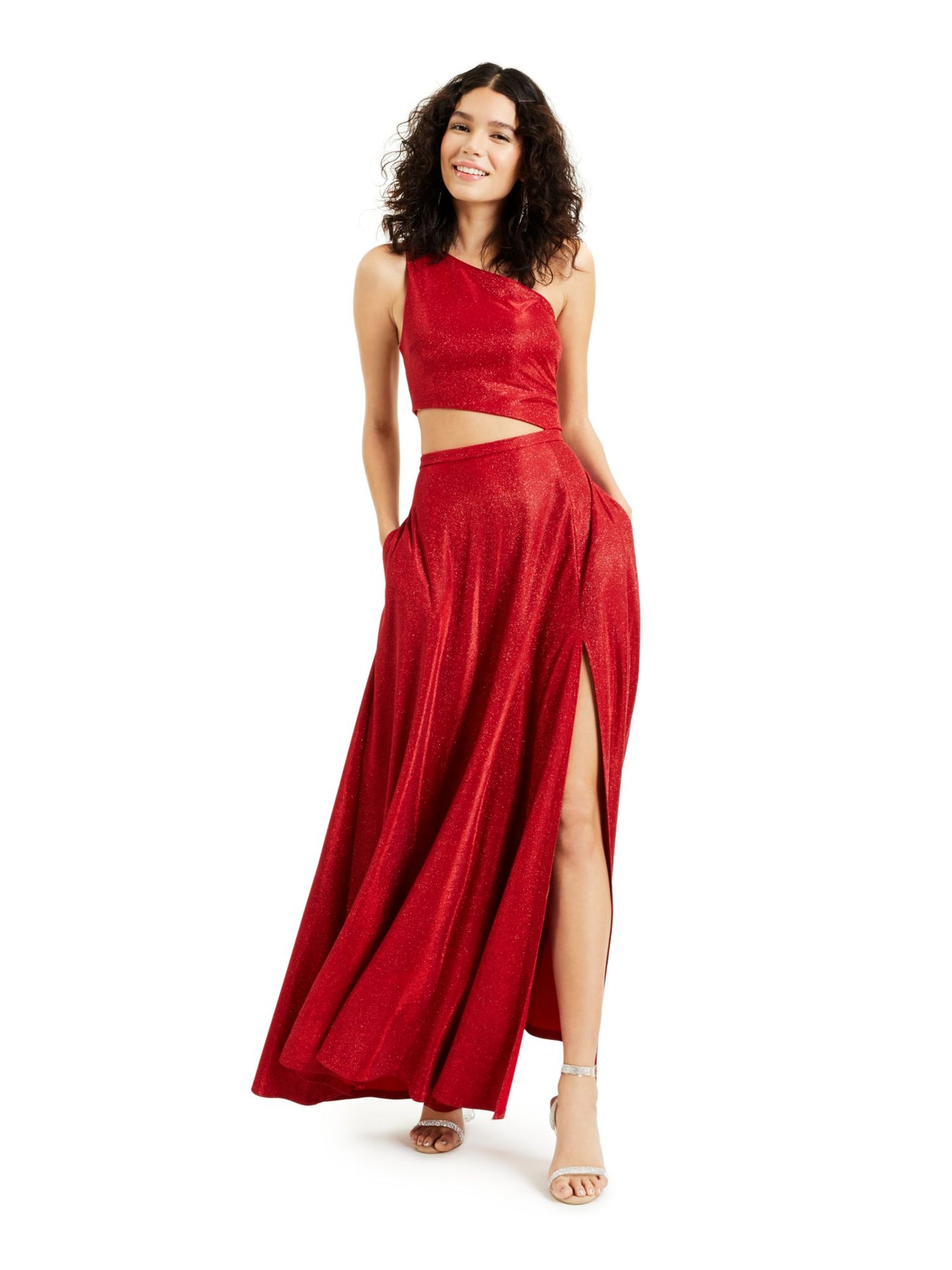 CITY STUDIO Womens Red Glitter Cut Out Pocketed Sleeveless Asymmetrical Neckline Maxi Prom Dress 9