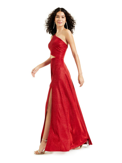 CITY STUDIO Womens Red Glitter Cut Out Pocketed Sleeveless Asymmetrical Neckline Maxi Prom Dress 13