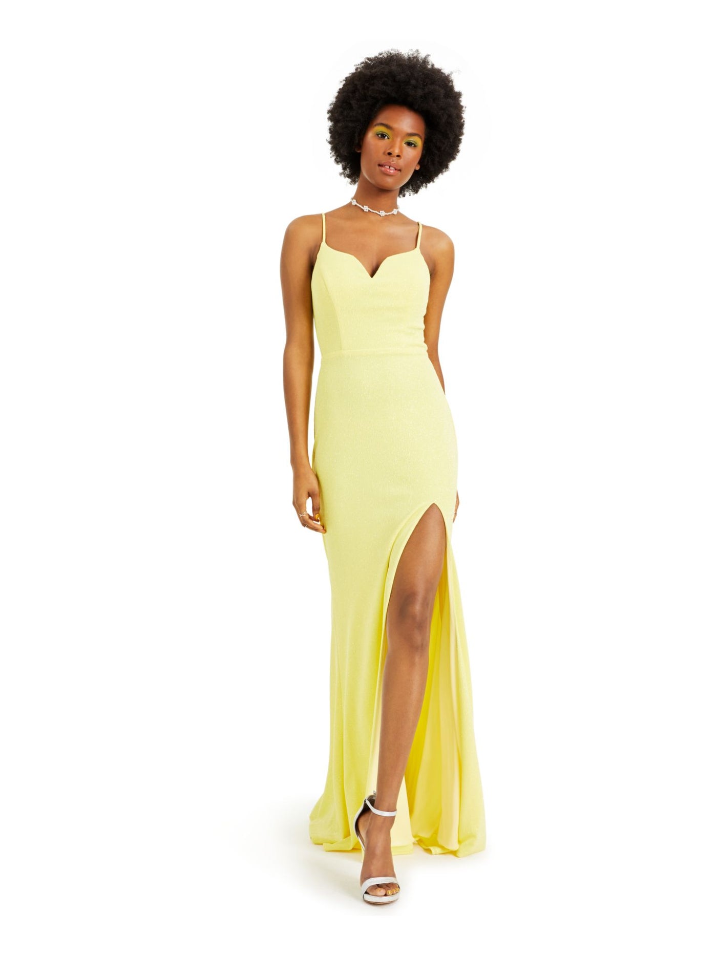 CITY STUDIO Womens Yellow Glitter Slitted Spaghetti Strap Sweetheart Neckline Full-Length Body Con Prom Dress 1