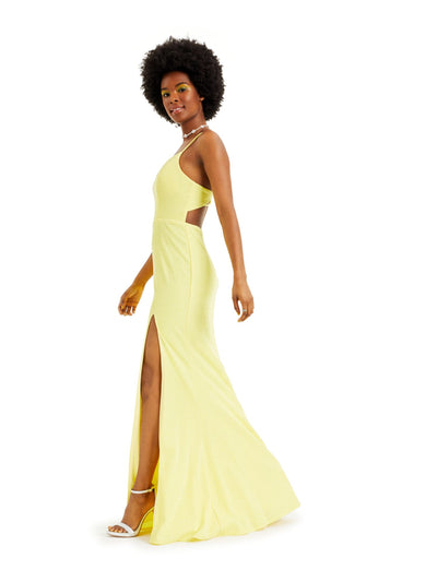 CITY STUDIO Womens Yellow Glitter Slitted Spaghetti Strap Sweetheart Neckline Full-Length Body Con Prom Dress 15