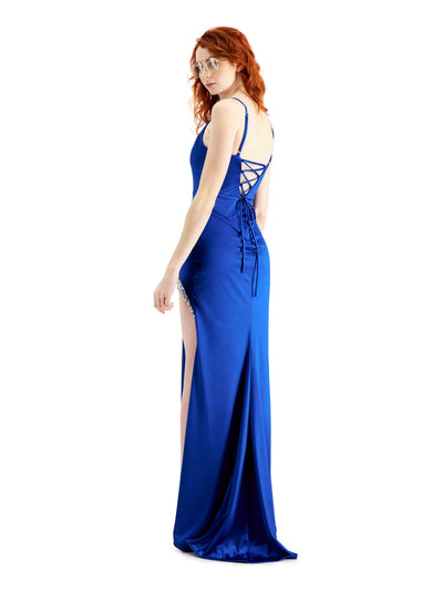 CITY STUDIO Womens Blue Embellished Slitted Lace Up Back Spaghetti Strap Full-Length Evening Sheath Dress 7