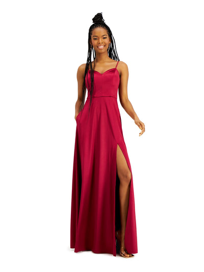 CITY STUDIO Womens Burgundy Slitted Spaghetti Strap Full-Length Fit + Flare Prom Dress 3