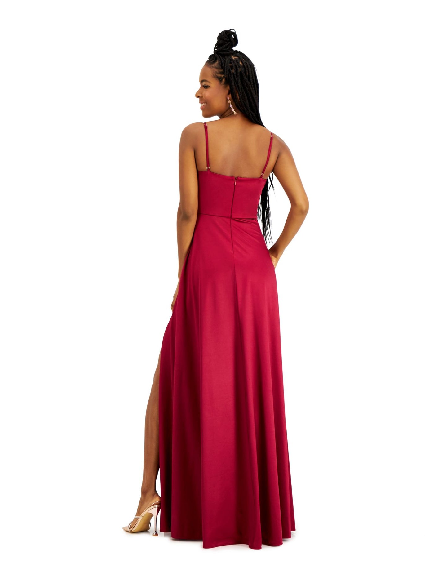 CITY STUDIO Womens Burgundy Slitted Spaghetti Strap Full-Length Fit + Flare Prom Dress 3