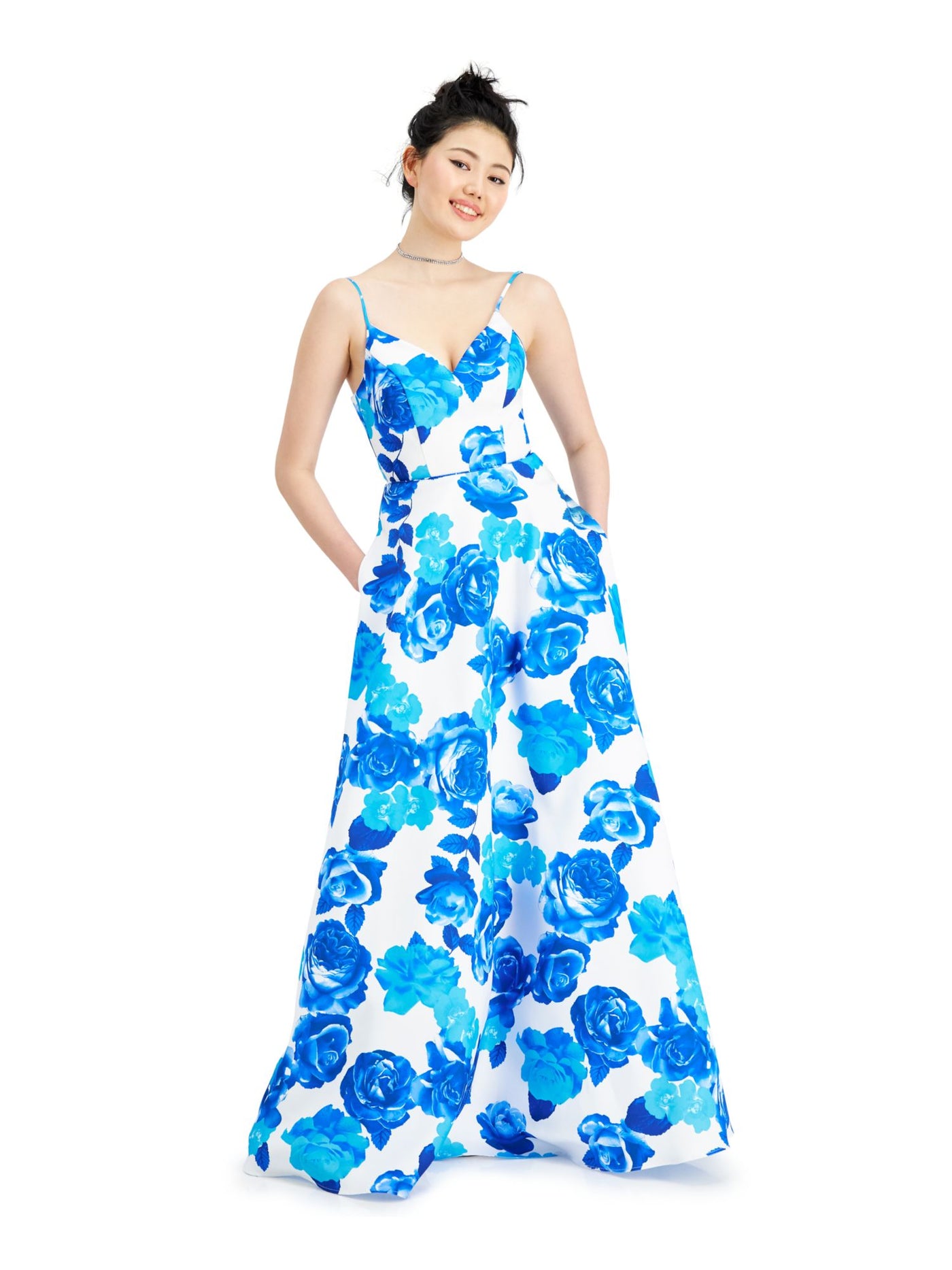 CITY STUDIO Womens Blue Floral Spaghetti Strap Full-Length Fit + Flare Prom Dress 5