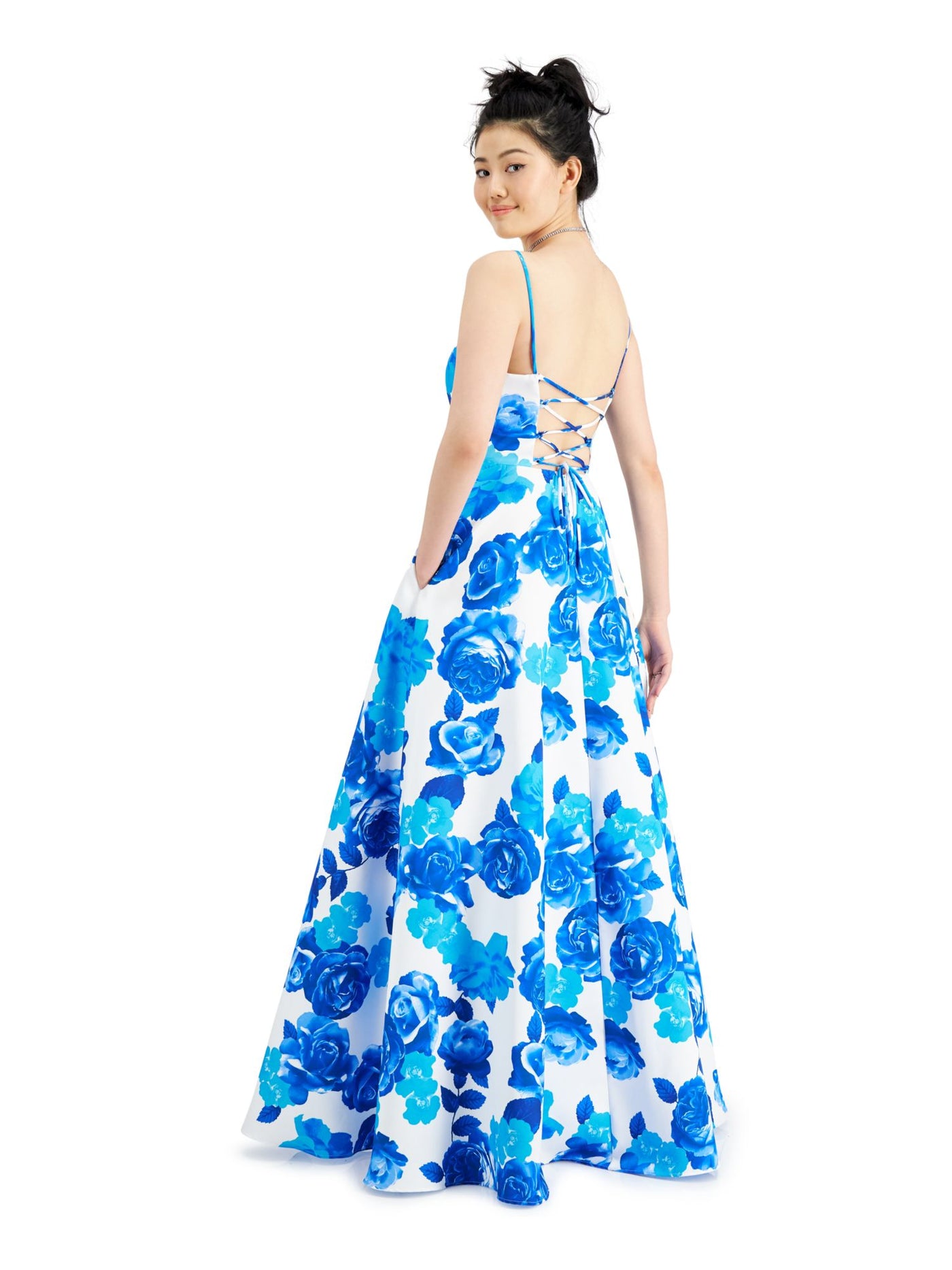 CITY STUDIO Womens Blue Floral Spaghetti Strap V Neck Full-Length Fit + Flare Prom Dress 1