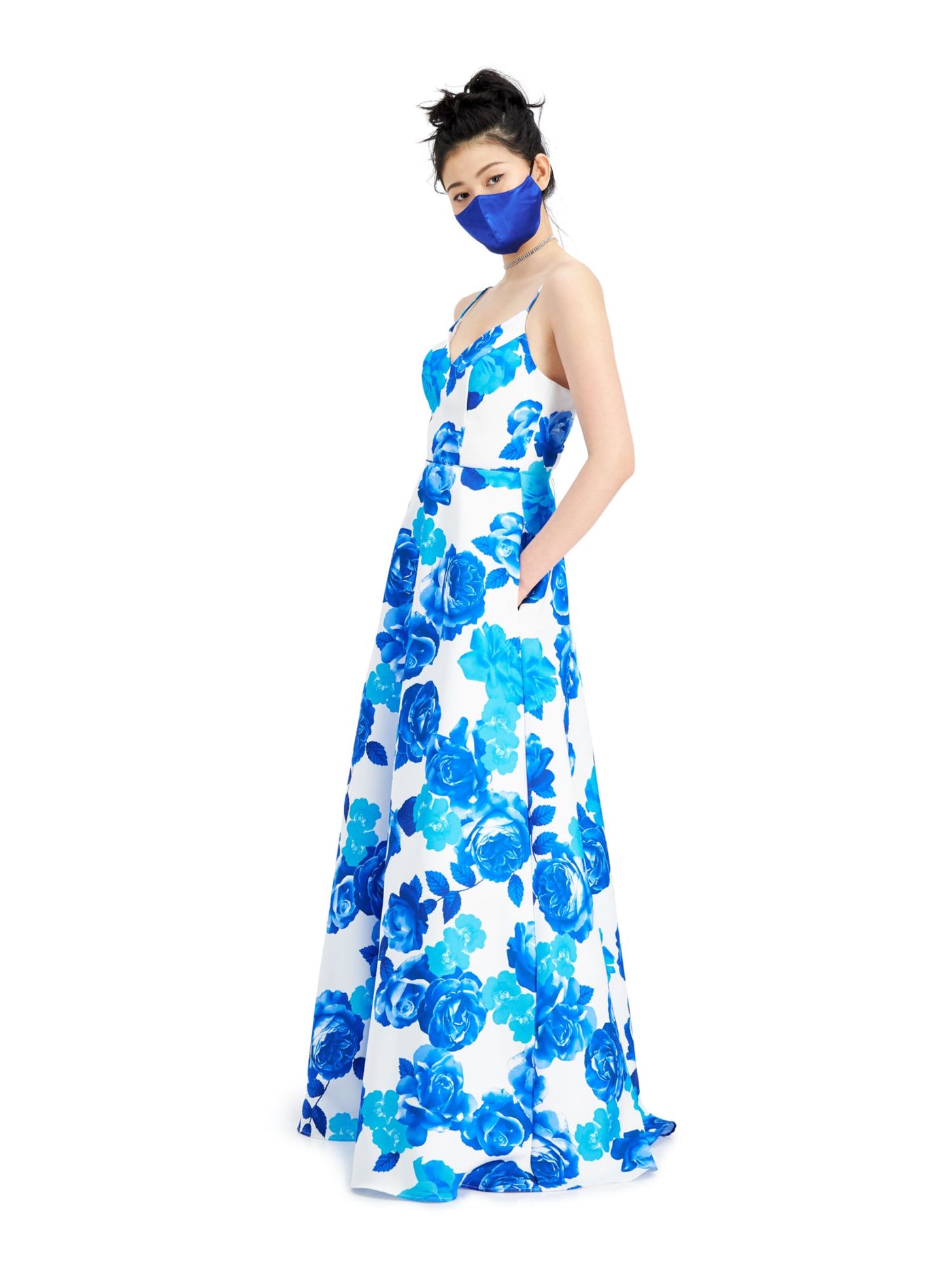 CITY STUDIO Womens Blue Floral Spaghetti Strap V Neck Full-Length Fit + Flare Prom Dress 13