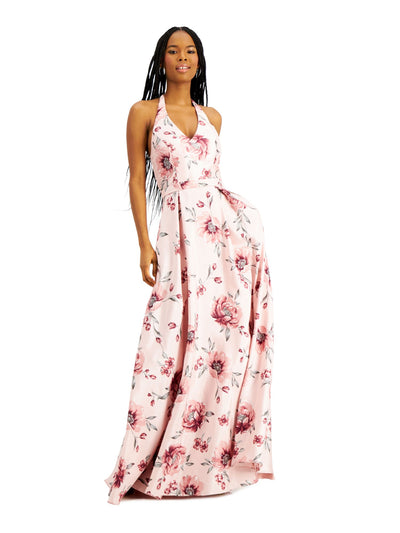 CITY STUDIO Womens Pink Floral Sleeveless Halter Full-Length Fit + Flare Prom Dress 5