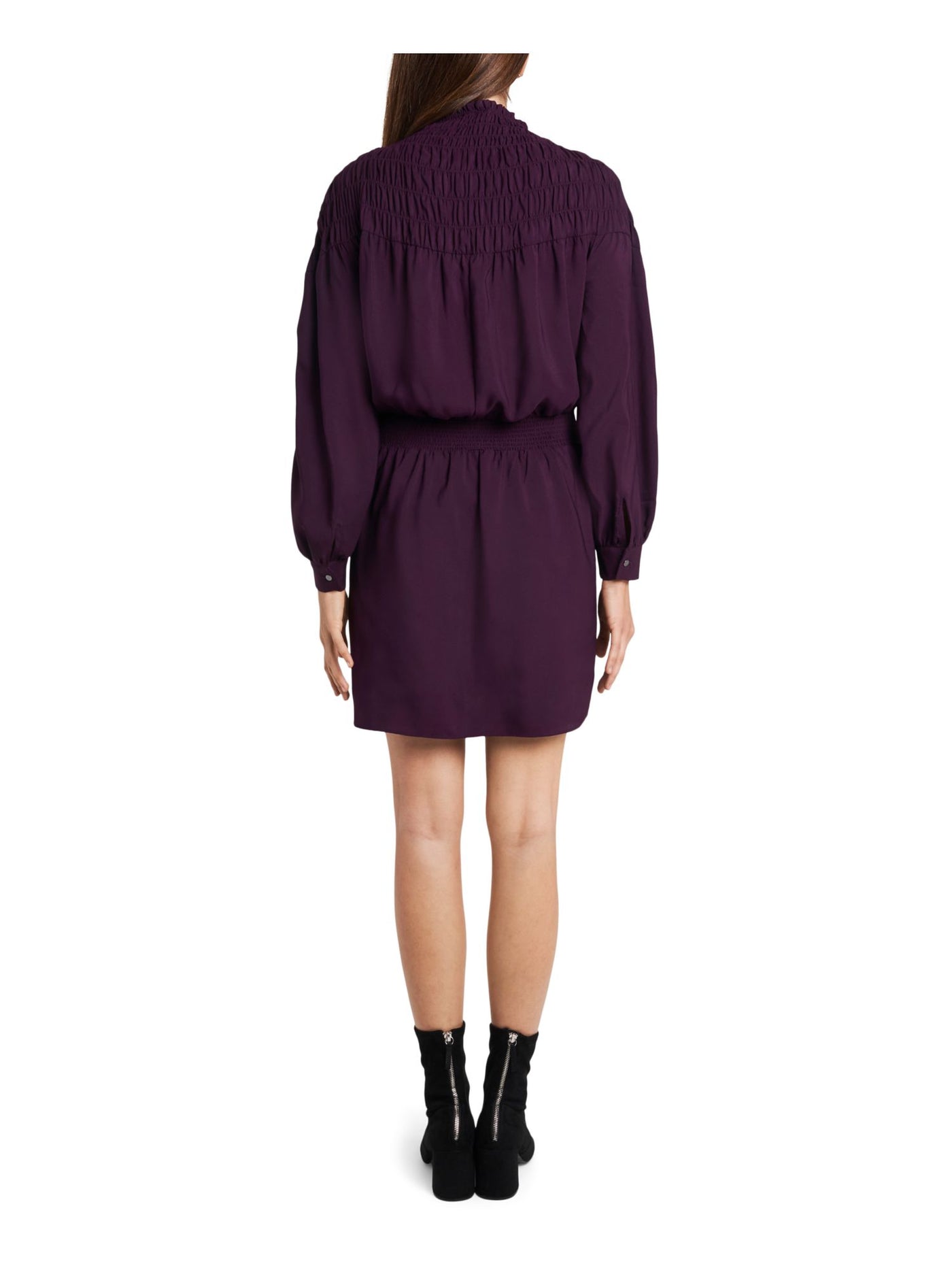1. STATE Womens Purple Smocked Cuffed Long Sleeve Mock Neck Short Cocktail Shift Dress S