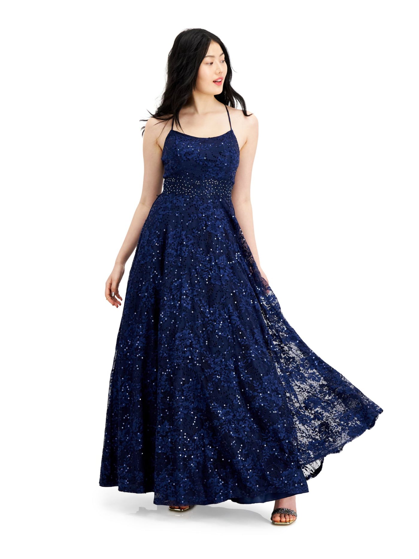 SAY YES TO THE PROM Womens Navy Sequined Crinoline Lining Spaghetti Strap Full-Length Formal Fit + Flare Dress 1