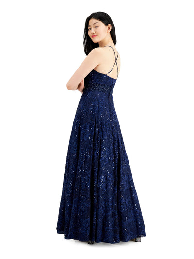 SAY YES TO THE PROM Womens Navy Sequined Crinoline Lining Spaghetti Strap Full-Length Formal Fit + Flare Dress 1