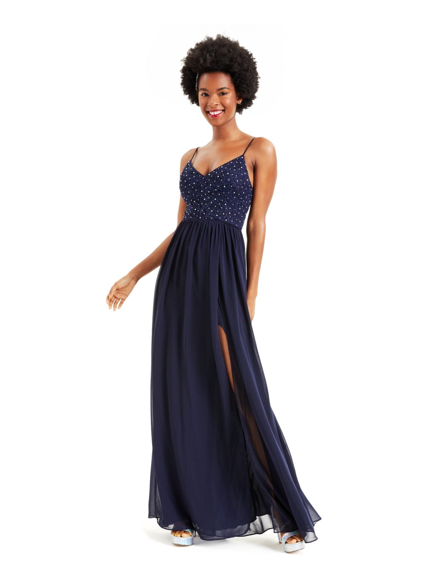 CITY STUDIO Womens Navy Slitted Rhinestone Spaghetti Strap Full-Length Evening Empire Waist Dress 13