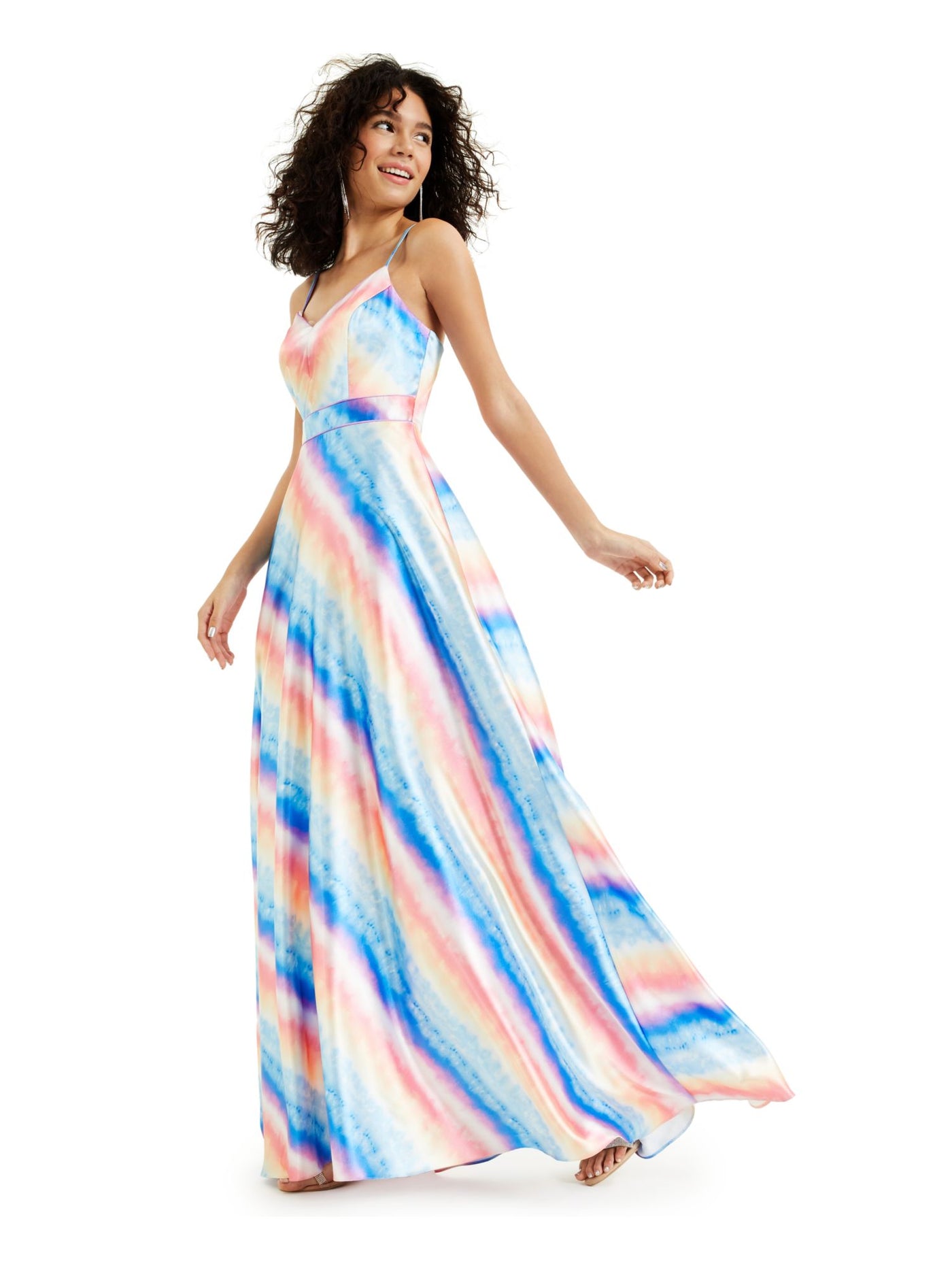 CITY STUDIO Womens Blue Zippered Gown Tie Dye Spaghetti Strap V Neck Full-Length Party Fit + Flare Dress 3