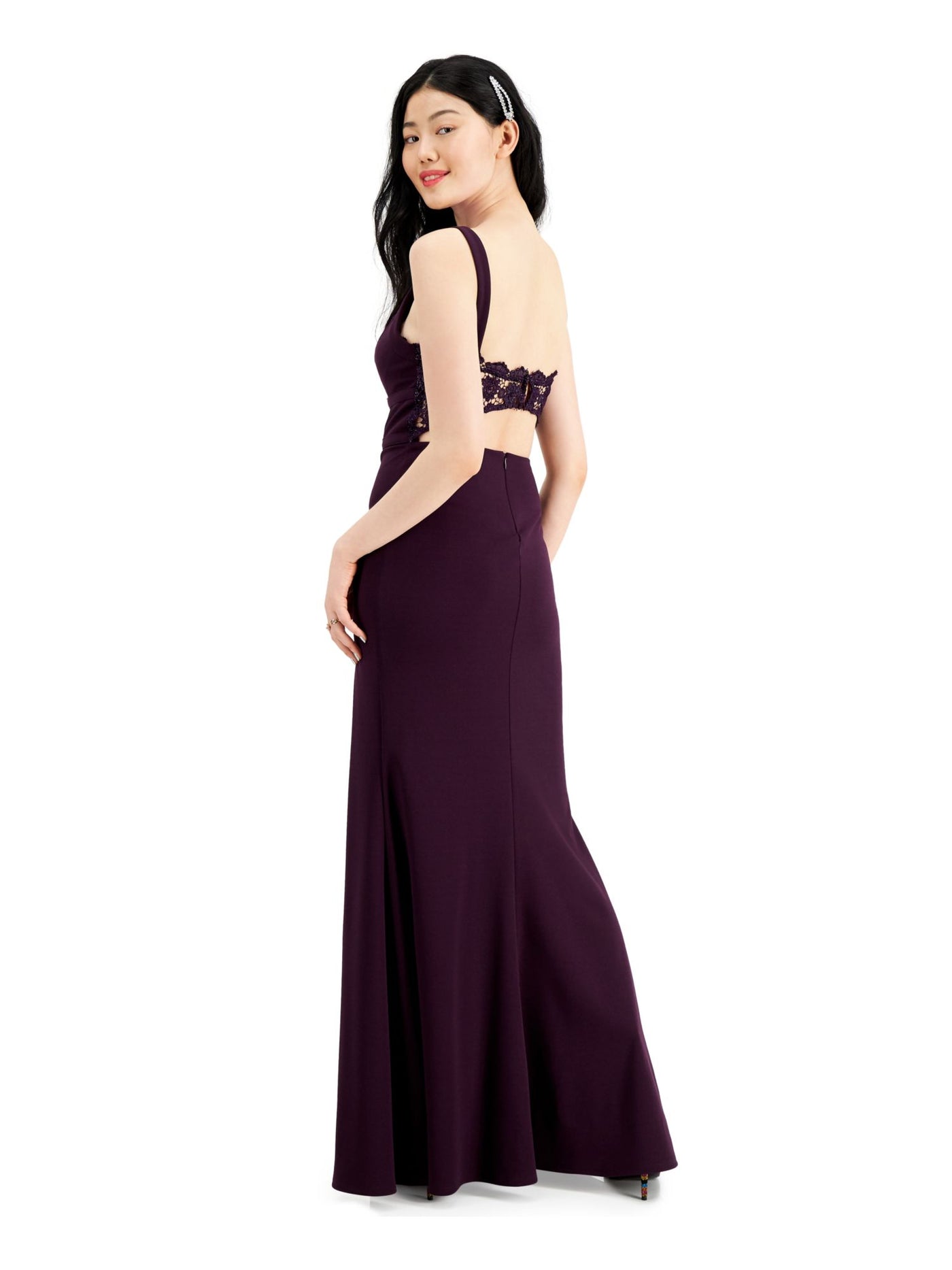 CITY STUDIO Womens Purple Glitter Lace-back Sleeveless V Neck Full-Length Prom Body Con Dress 11