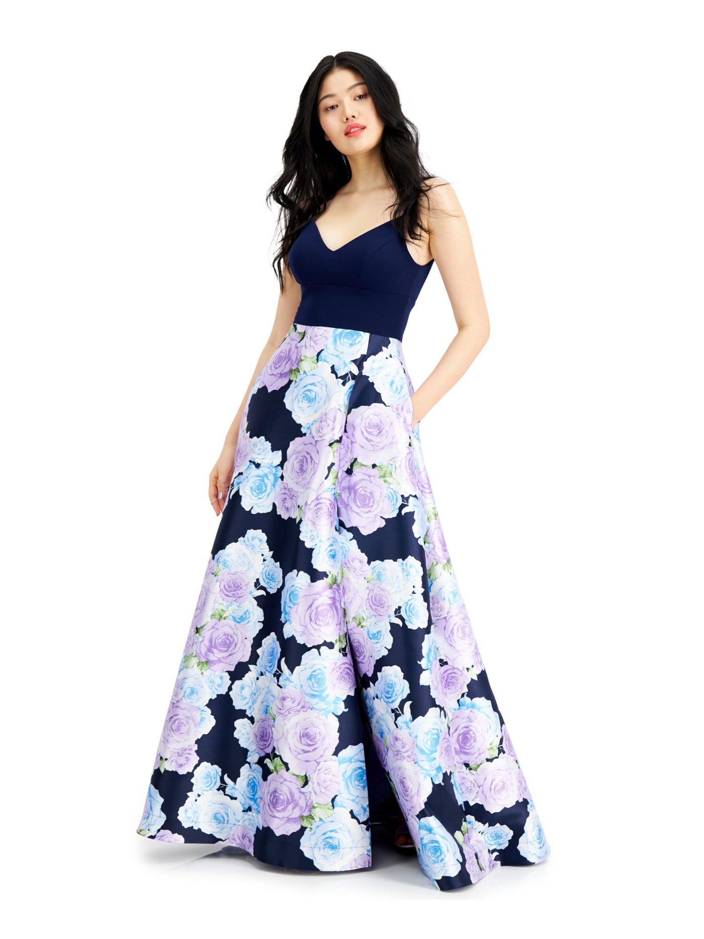 B DARLIN Womens Navy Floral Spaghetti Strap V Neck Full-Length Prom Empire Waist Dress 0