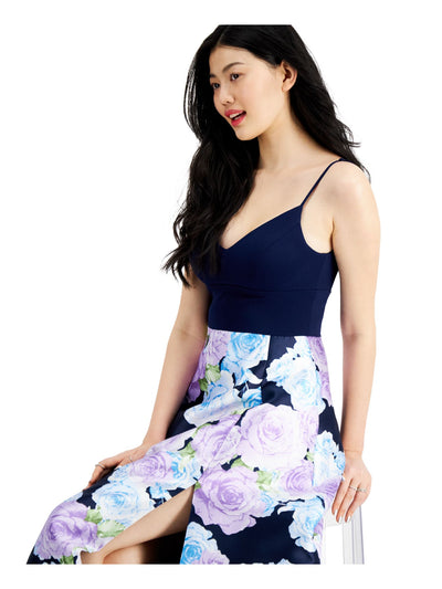 B DARLIN Womens Navy Floral Spaghetti Strap V Neck Full-Length Prom Empire Waist Dress 5\6