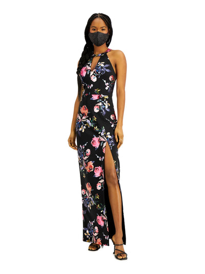 BCX Womens Black Slitted Cut Out Floral Sleeveless Halter Full-Length Evening Sheath Dress 9