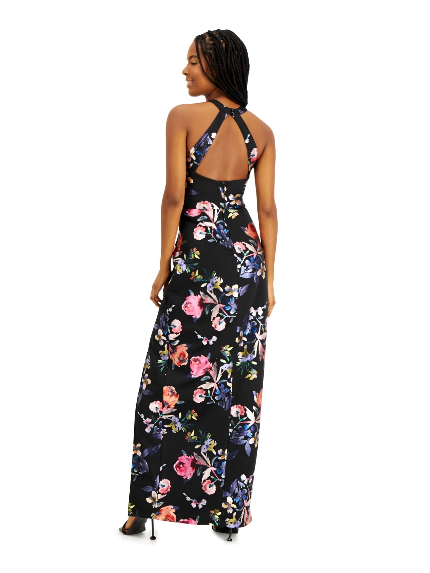 BCX Womens Black Slitted Cut Out Floral Sleeveless Halter Full-Length Evening Sheath Dress 9