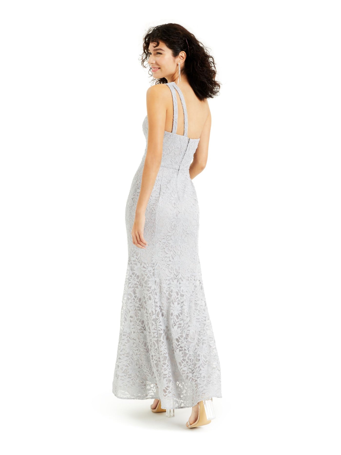 BCX Womens Silver Lace Glitter Zippered Sleeveless Asymmetrical Neckline Maxi Evening Fit + Flare Dress Juniors 11