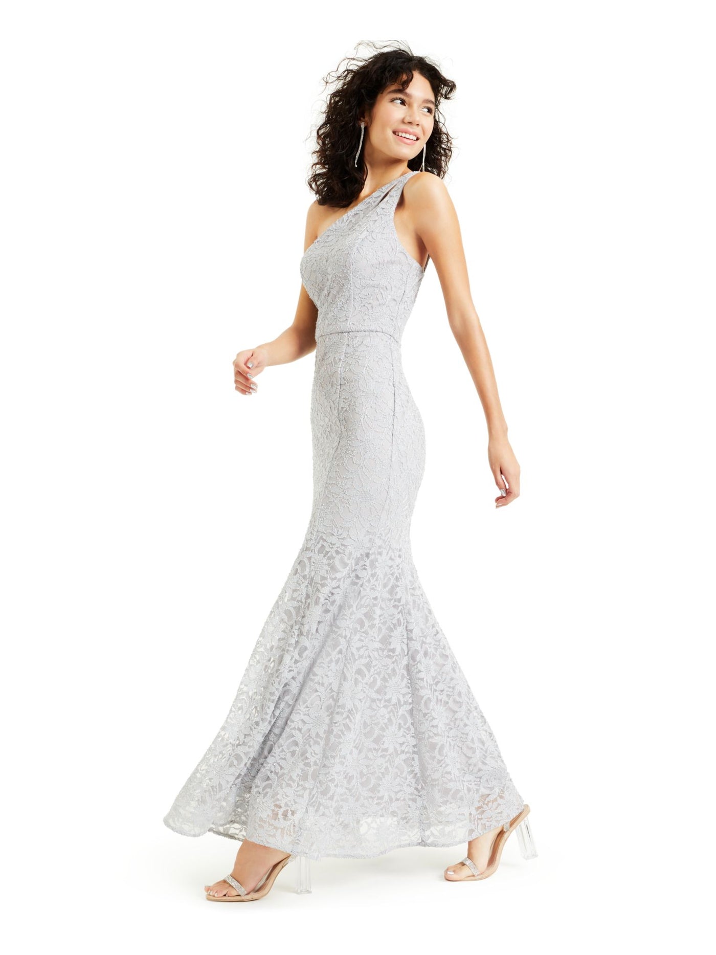 BCX Womens Silver Lace Glitter Zippered Sleeveless Asymmetrical Neckline Maxi Evening Fit + Flare Dress Juniors 5
