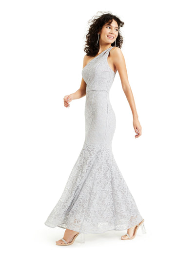 BCX Womens Silver Lace Glitter Zippered Sleeveless Asymmetrical Neckline Maxi Evening Fit + Flare Dress Juniors 5