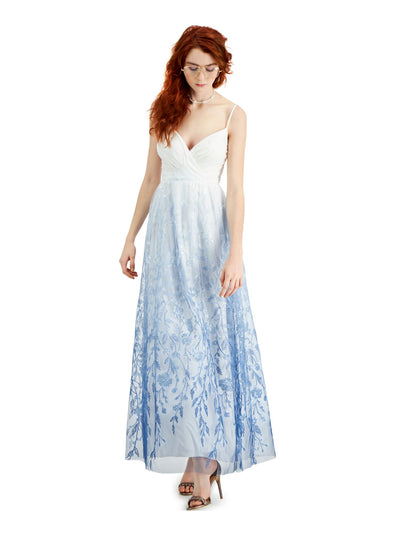 TRIXXI Womens Light Blue Beaded Sequined Ombre Spaghetti Strap V Neck Full-Length Formal Fit + Flare Dress Juniors 3