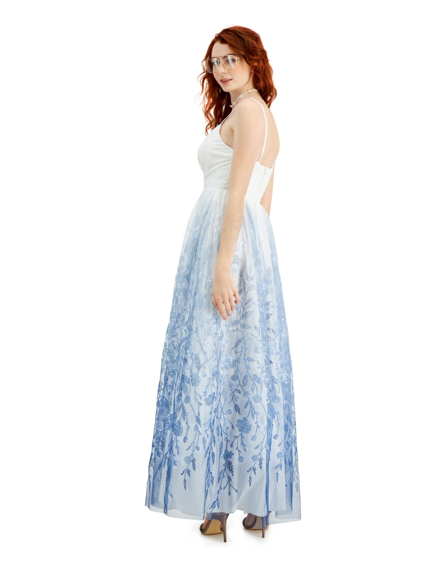 TRIXXI Womens Blue Beaded Ombre Spaghetti Strap V Neck Full-Length Fit + Flare Prom Dress 1