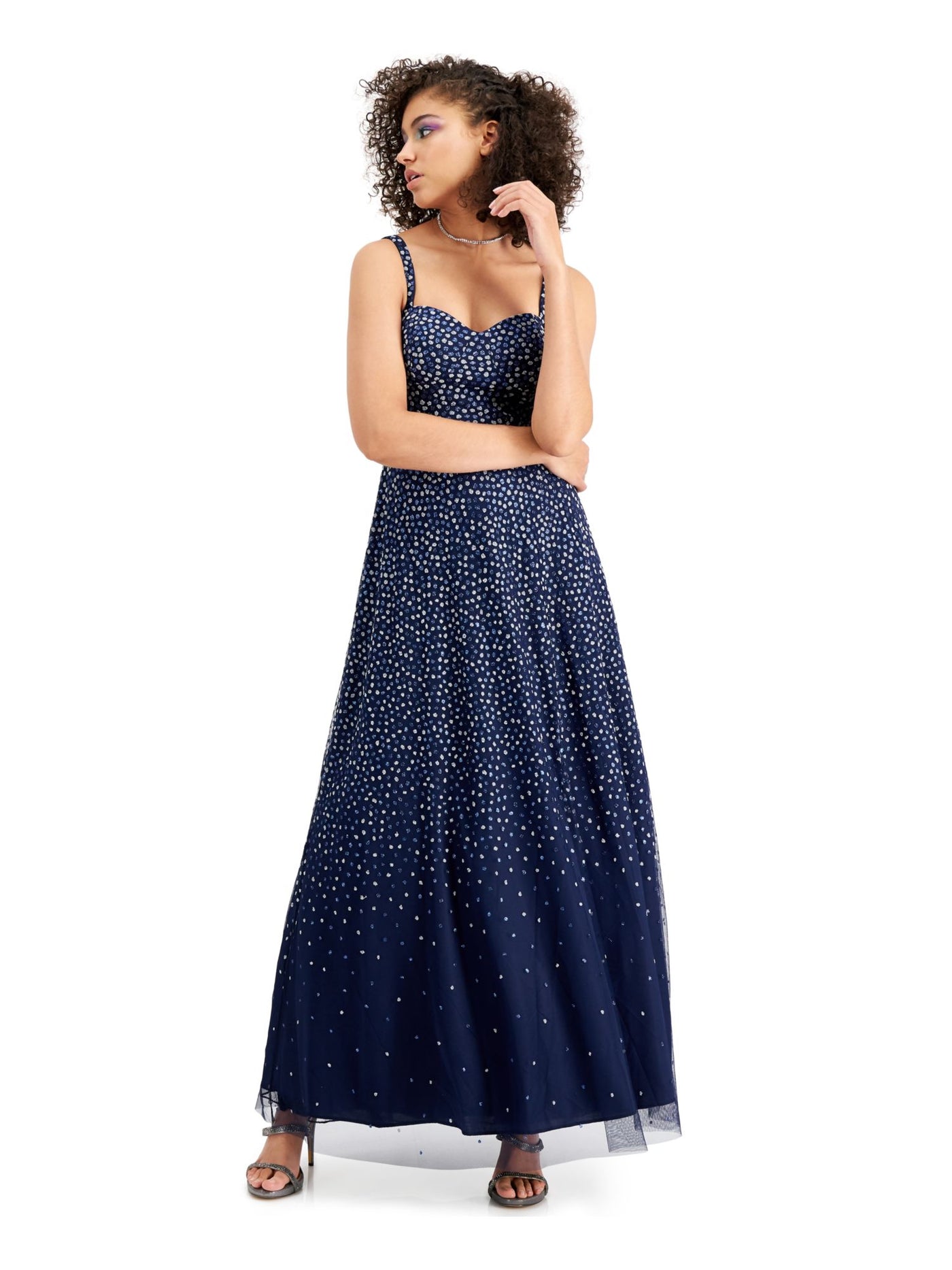 TRIXXI Womens Navy Glitter Polka Dot Sleeveless Sweetheart Neckline Maxi Fit + Flare Prom Dress 1