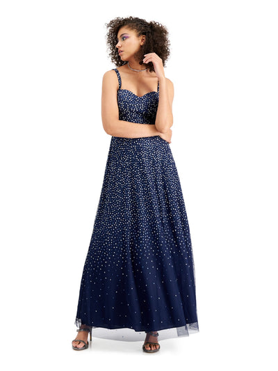 TRIXXI Womens Navy Glitter Polka Dot Sleeveless Sweetheart Neckline Maxi Fit + Flare Prom Dress 13