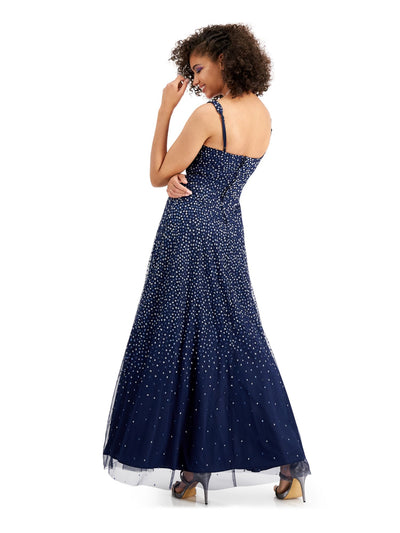 TRIXXI Womens Navy Glitter Polka Dot Sleeveless Sweetheart Neckline Maxi Fit + Flare Prom Dress 3