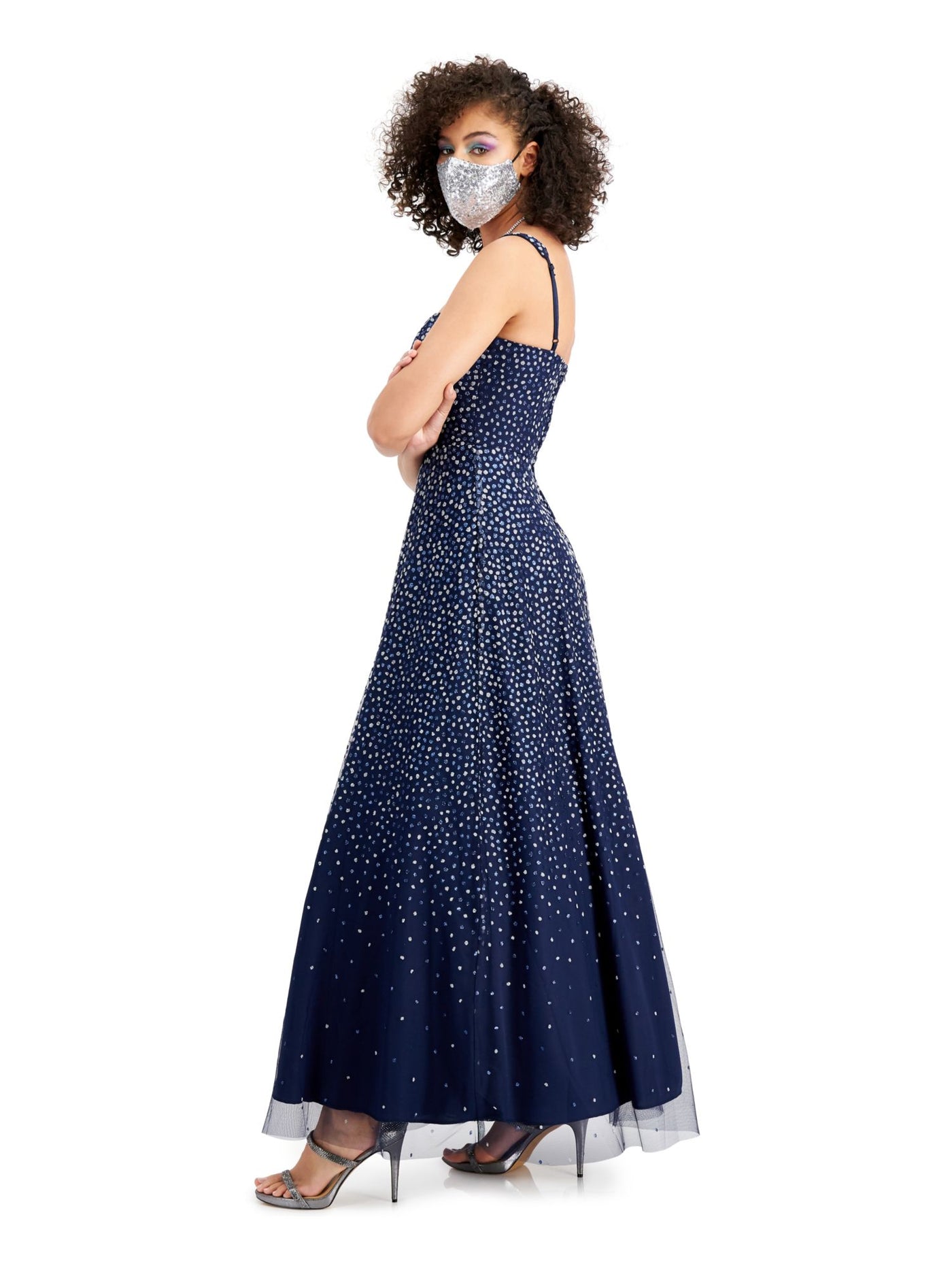 TRIXXI Womens Navy Glitter Polka Dot Sleeveless Sweetheart Neckline Maxi Fit + Flare Prom Dress 5