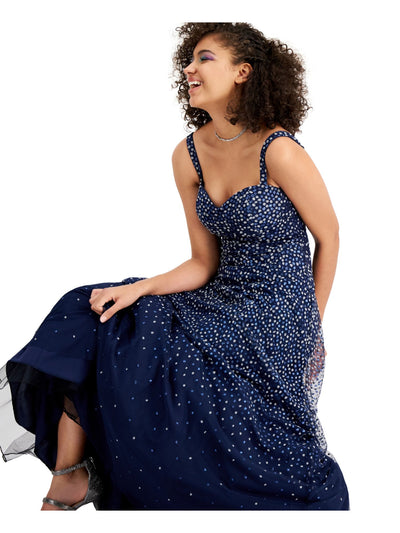 TRIXXI Womens Navy Glitter Polka Dot Sleeveless Sweetheart Neckline Maxi Fit + Flare Prom Dress 3