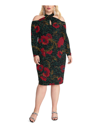 RACHEL RACHEL ROY Womens Black Cold Shoulder Zippered Keyhole Printed Long Sleeve Halter Knee Length Evening Sheath Dress Plus 3X