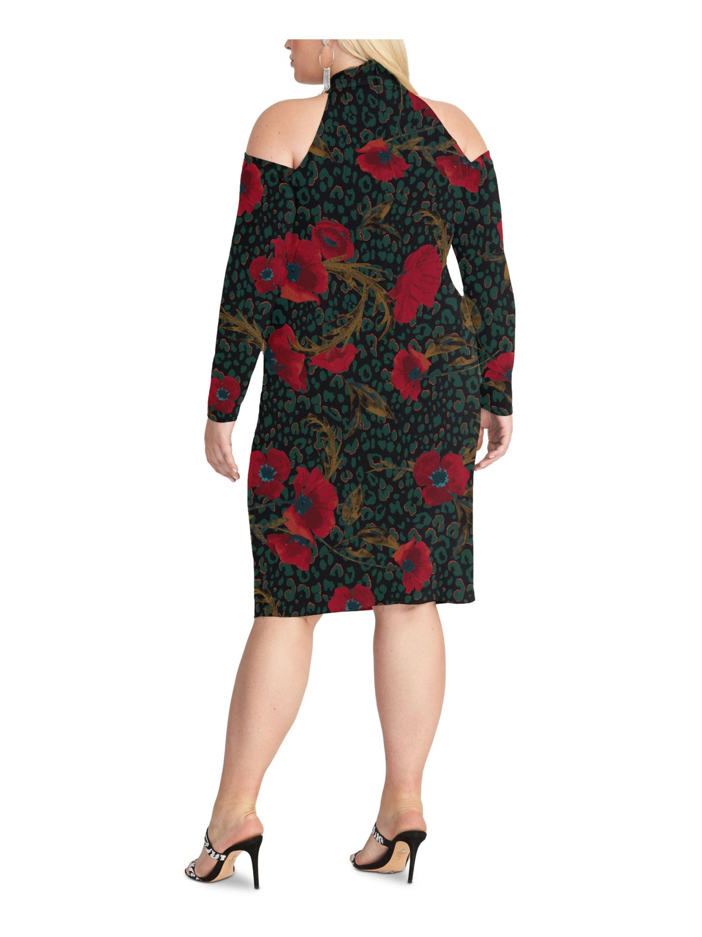 RACHEL RACHEL ROY Womens Black Cold Shoulder Zippered Keyhole Printed Long Sleeve Halter Knee Length Evening Sheath Dress Plus 3X