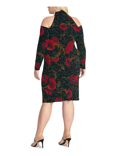 RACHEL RACHEL ROY Womens Black Cold Shoulder Zippered Keyhole Printed Long Sleeve Halter Knee Length Evening Sheath Dress Plus 3X
