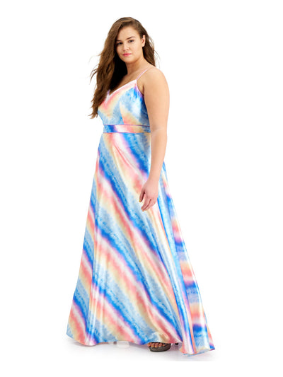 CITY STUDIO Womens Blue Tie Dye Spaghetti Strap Full-Length Fit + Flare Dress Plus 16W