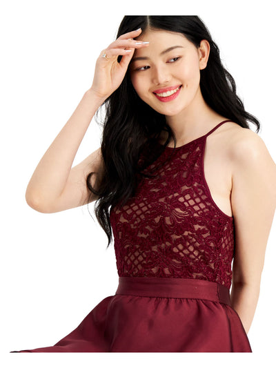 EMERALD SUNDAE Womens Maroon Ruffled Lace Spaghetti Strap Halter Short Party Fit + Flare Dress 11